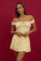 Yellow Mini Dress Pleated Skirt Gathered Bust