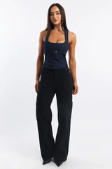 Black Cargo Denim Jeans Mid Rise