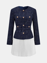 Pleated Hem Panel Tweed Belted Mini Dress