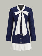 Pleated Hem Bow Neckline Tweed Mini Dress