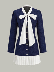 Pleated Hem Bow Neckline Tweed Mini Dress
