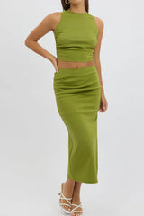 Green Gathered Midi Skirt High Rise Bengaline Split