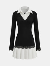 Color-Block Collared Pleated Lace Detail Mini Dress