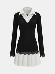 Color-Block Collared Pleated Lace Detail Mini Dress