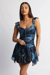 Blue Floral A-Line Dress Frilled Sleeve Mini Lace