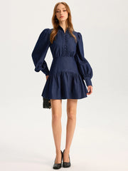 Denim Stand Collar Puff Sleeve Mini Dress