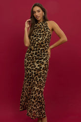 Brown Animal Print Maxi Dress Cowl Neck
