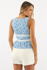 Blue Paisley Button Front Top Sleeveless V Neck Lace Detail