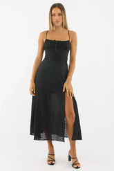 Black Midi Dress Gathered Bust Eyelet Fabric
