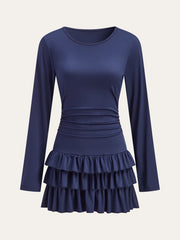 Long Sleeve Ruched Waist Layered Ruffle Dress