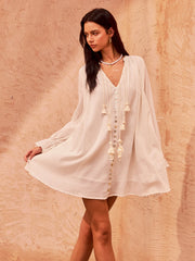 Tasseled Button Cotton Mini Dress