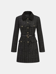 Faux Fur Collar Tweed Belted Mini Dress