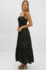 Black Ditsy Maxi Dress Strappy Tiered