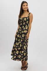 Black Floral Midi Dress Corset Detail