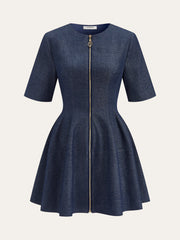 Denim Short Sleeved Zip-Front Mini Dress