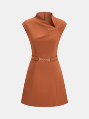 Belted Asymmetric Neckline Sleeveless Mini Dress