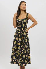 Black Floral Midi Dress Corset Detail