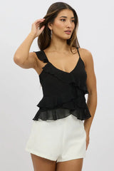 Black Cami Top Sleeveless Crossover Ruffled Details