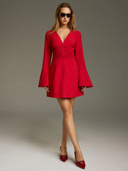 Deep V Ruched Bell-Sleeve Mini Dress