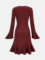 Bell Sleeve Asymmetrical Ruffle Fitted Dress