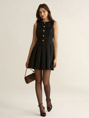 Metal Detail Tweed Pleated Mini Dress