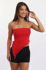 Red Bandeau Top Asymmetrical Ruffle Hem Mesh