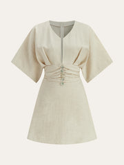 Cotton & Linen Ruched Button Detail Mini Dress