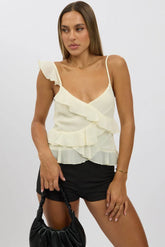 White Cami Top Sleeveless Crossover Ruffled Details
