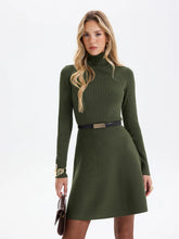 Belted Ribbed Turtleneck Knit Mini Dress