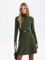 Belted Ribbed Turtleneck Knit Mini Dress