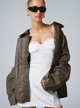 Faux Leather Collared Dad Jacket Washed Brown