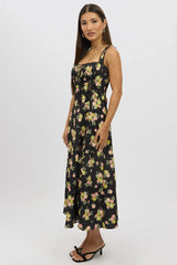 Black Floral Midi Dress Corset Detail