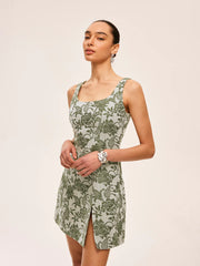 Floral Print Square Neck Dress With Side Slit