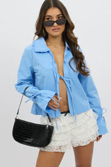 Blue Tie Up Shirt Long Sleeve Peter Pan Collar