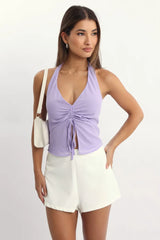 Purple Halter Top Sleeveless Ruched Front