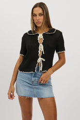 Black Knit Cardigan Short Sleeve Collared