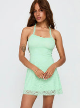 Front Page Halter Lace Mini Dress Aqua