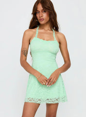 Front Page Halter Lace Mini Dress Aqua