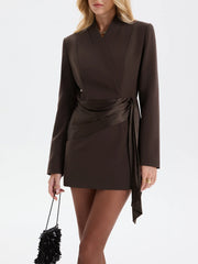 Satin-Wrapped Belted Blazer Dress