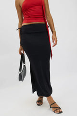 Black Midaxi Skirt Elastic Waist Spliced Bow Supersoft