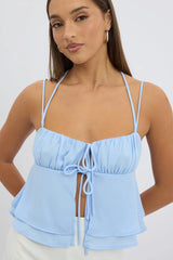 Blue Tie Front Cami Halter Neck Sleeveless