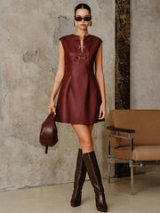 PU Leather Metal Buckle Sleeveless Mini Dress