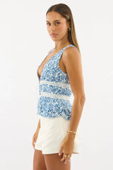 Blue Paisley Button Front Top Sleeveless V Neck Lace Detail