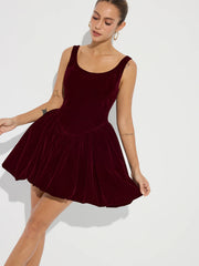 Bubble Hem Velvet Strappy Mini Dress