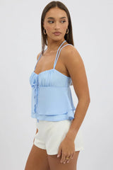 Blue Tie Front Cami Halter Neck Sleeveless