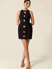 Metal-Button High-Neck Short Dress