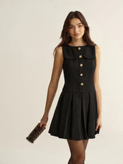 Metal Detail Tweed Pleated Mini Dress