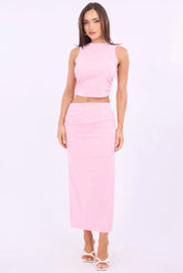 Pink Gathered Midi Skirt High Rise Bengaline Split