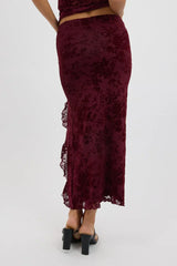 Red Maxi Skirt High Rise Ruffle Frill Hem Burnout