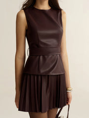 Belted Faux Leather Sleeveless Pleated Mini Dress
